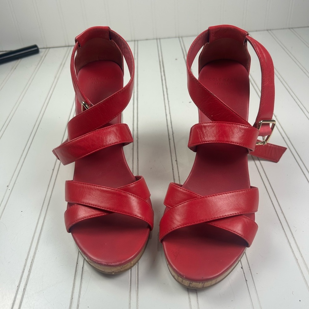 Cole Haan Jillian Pink Leather Boho Cork Wedge Sandals Heels Women’s Size 9 - Picture 2 of 11